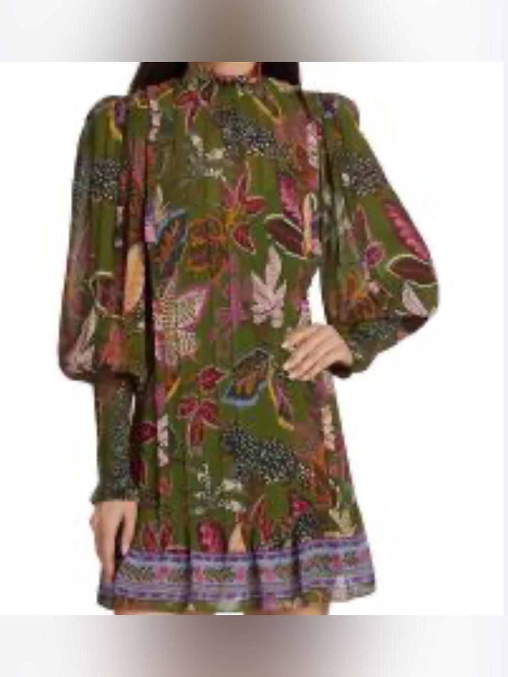 FARM Rio Olive Green Floral Long-Sleeve High-Neck Dress